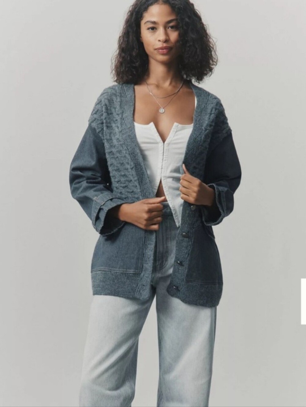 Cozy Open-Front Knit Trim Cardigan Jacket - Slate Gray
